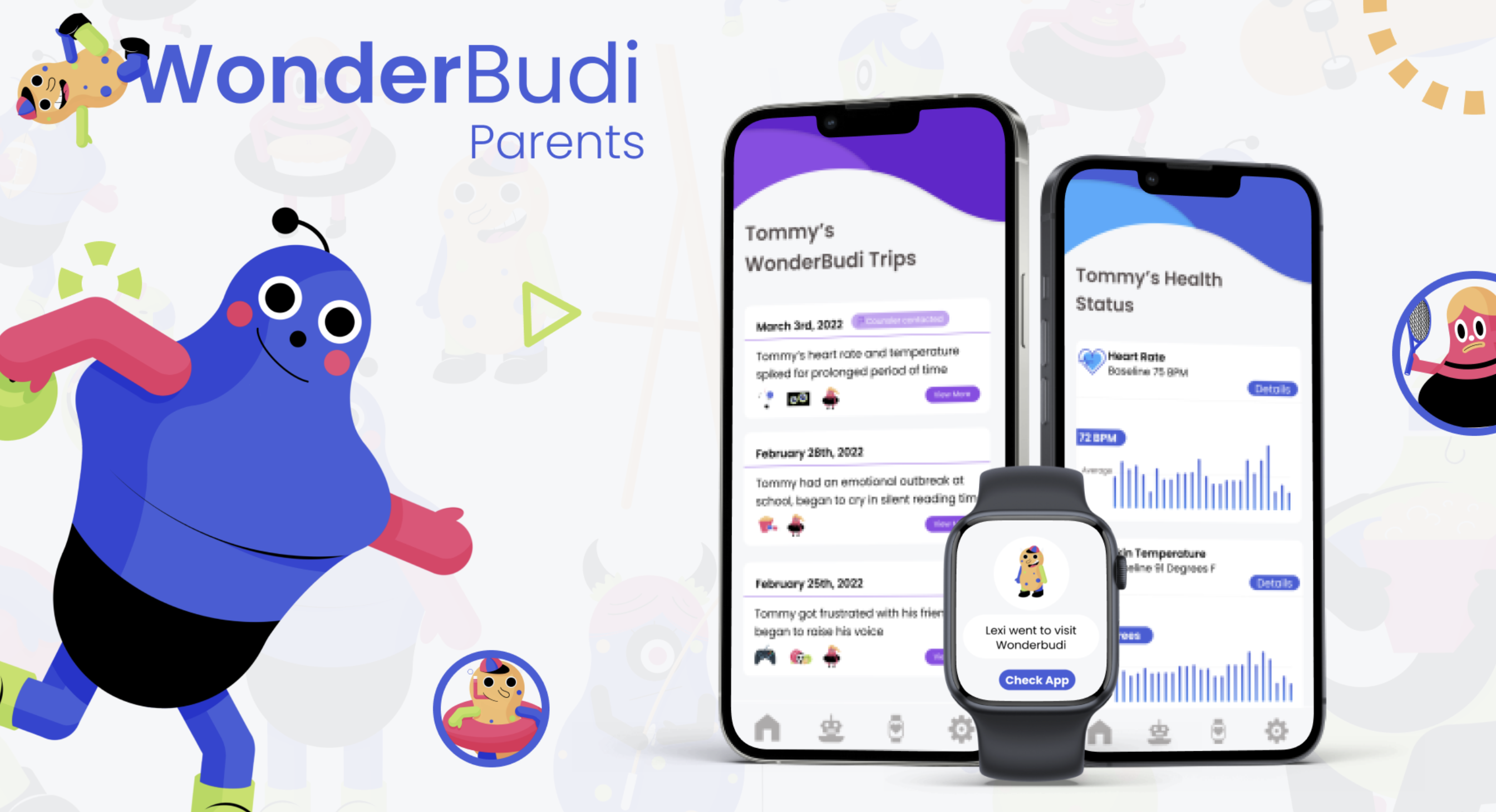 WonderBudi Parents companion app: Tommy's WonderBudi Trips session history and Tommy's Health Status biometric dashboard shown side by side on phone and smartwatch